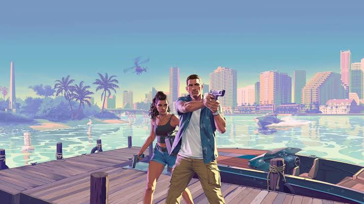 Официальная обложка GTA 6 с главными героями на фоне Вайс-Сити